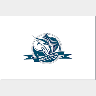 Nautical retro label with jumping sail fish Posters and Art